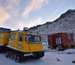 The Mawson ‘winter car’ — A Hägglunds vehicle parked up next to Fang Hut in the David Range.