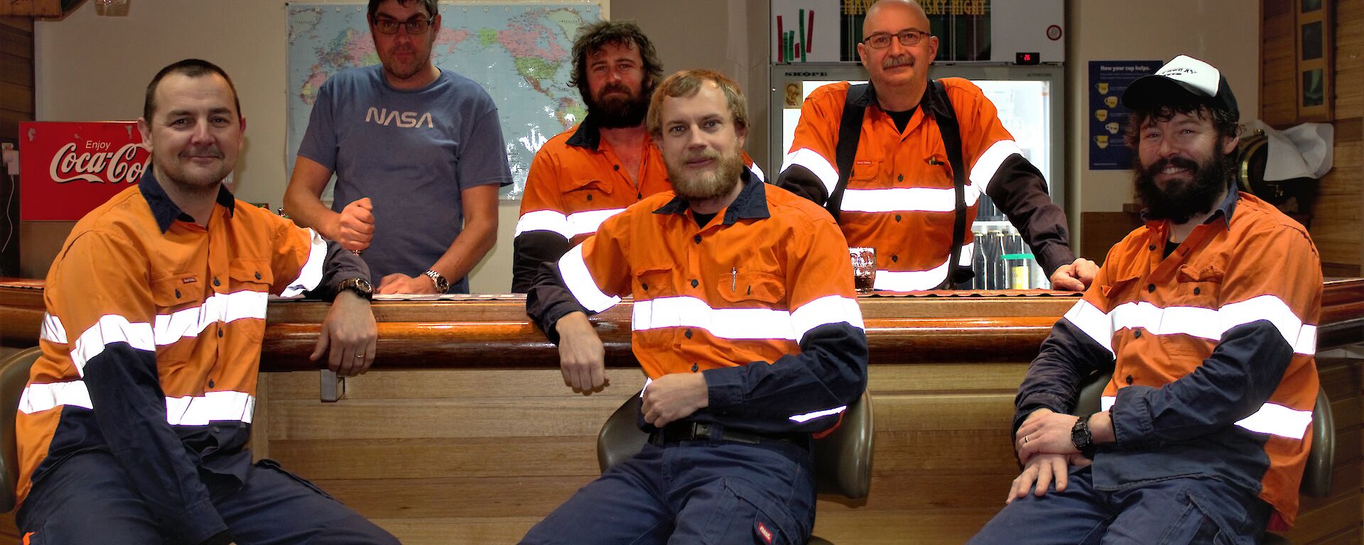 The Mawson 72nd ANARE Infrastructure Team — Back row: Scottish, Terry, Geoffrey; Front row: Glenn, Wazza, Tom the Elder.