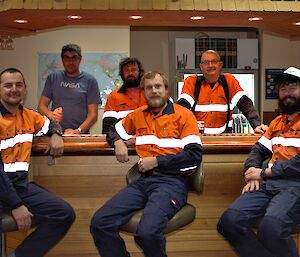 The Mawson 72nd ANARE Infrastructure Team — Back row: Scottish, Terry, Geoffrey; Front row: Glenn, Wazza, Tom the Elder.