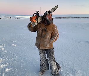 Mawson Diesel Mechanic Marc — Post swimming hole preparation with chainsaw.