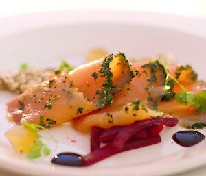 Mawson Midwinter dinner — Salmon Gravlax with Pickled Beetroot & Horseradish : One of six epic gourmet courses prepared by Mawson Chef Kim de Laive.