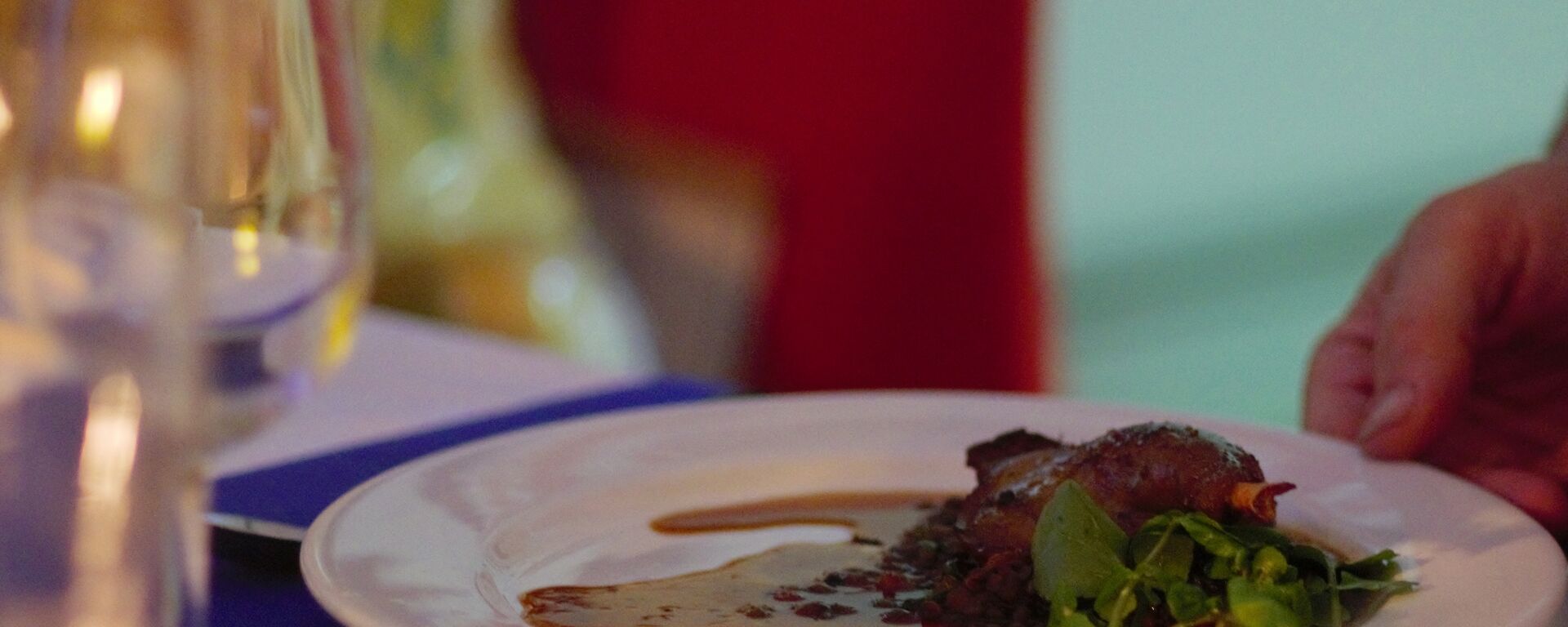 Mawson Midwinter dinner — Duck Confit with De Puy Lentil & Spinach Braise, served with Pedro Ximenez Jus — prepared by Mawson Chef Kim de Laive.