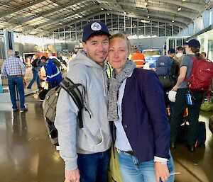 Mawson Plumber Tom Carew with his wife Kylie at the Voyage 3 departure — January 2019.