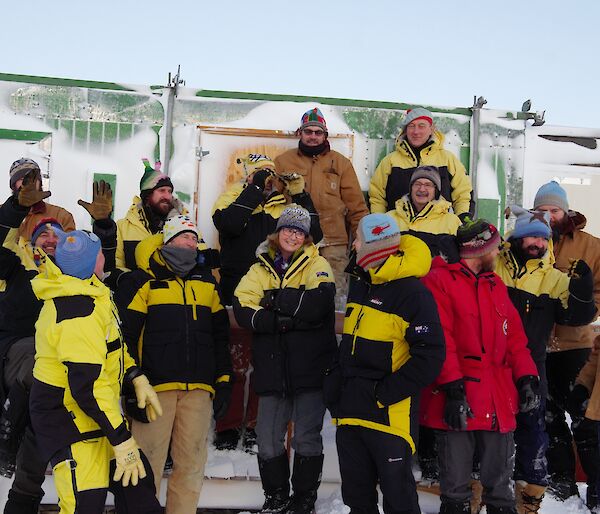 Mawson 72nd ANARE expeditioners proudly wearing their bespoke Hadley Hats.