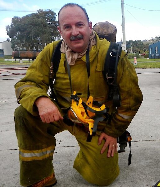 Expeditioner Geoffrey Wallace during Antarctic pre-departure fire training in 2015.