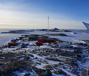 Mawson Station as viewed from atop the wind turbine.