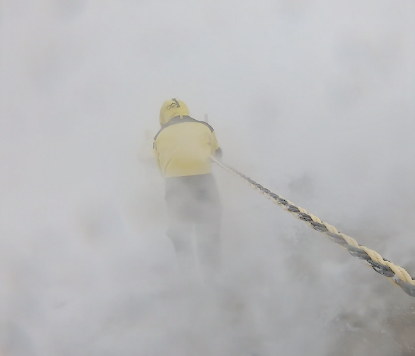 Blizz line walk in 80-knot winds at Mawson Station.