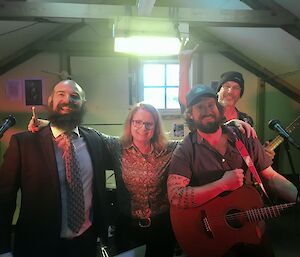 The Mawson 72nd ANARE winter band — Tommy Dieso & The Disappointments (L-R): Leon Hamilton (Vocals), Dr Jan Wallace (Drums), Tom Dacy (Guitar/Vocals), Kim De Laive (Bass).