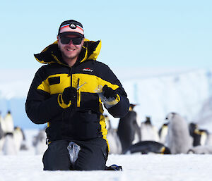 Marcus Salton collecting samples at Auster Rookery