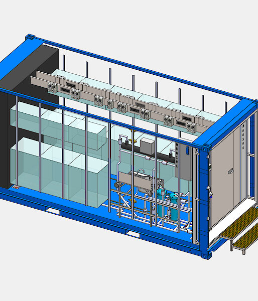 A model of an aquarium container showing the zones designated for a variety of specialised aquaria.