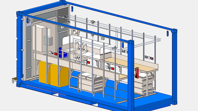 A model of the general purpose laboratory showing overhead gas lines, wet area with sink, laboratory benches with associated electrical power and data, and below-bench storage for equipment and chemicals.