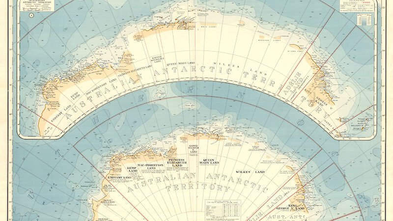 Part of a map featuring the Australian Antarctic Territory, printed in 1939, and including information from Douglas Mawson’s expeditions. (Bayliss and Cumpston, Map 1059)