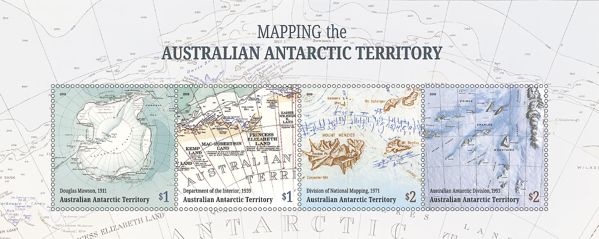 Four Australia Post stamps showing different types of Antarctic maps.