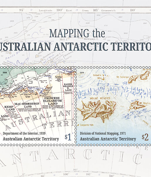 Four Australia Post stamps showing different types of Antarctic maps.