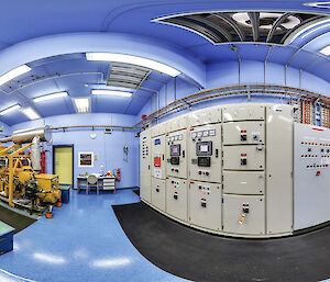 A 360 degree panoramic image of the main power house, where diesel generators produce electricity for Macquarie Island research station.