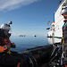 Australian Antarctic Division marine mammal scientists in a small boat, tagging blue whales.