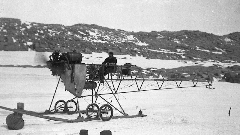 Douglas Mawson’s Vickers monoplane, with its wings removed and converted into an air tractor.