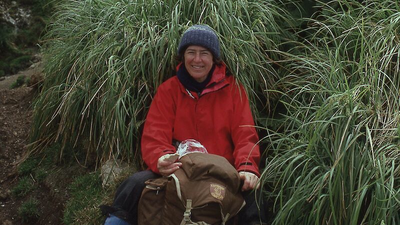 Dr Patricia Selkirk sitting beside tussock grass on Macquarie Island.