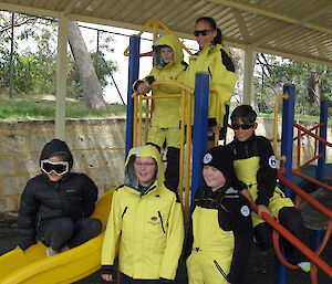 Primary school winners of the Name Our Icebreaker competition, from Secret Harbour Primary School in Western Australia, try out their Antarctic clothing.