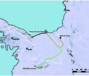 A map showing the route of the British traverse.