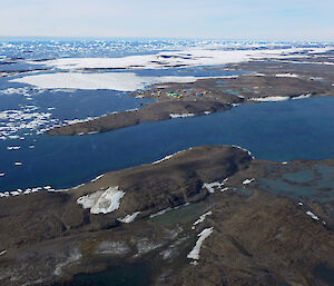 A large linear moraine at the mouth of Heidemann Bay,.