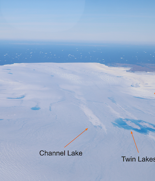 Map showing the location of three surface lakes on the Sørsdal Glacier under investigation.