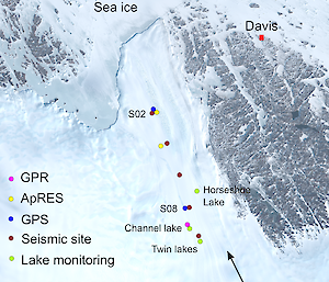 Map showing location of instruments deployed on Sørsdal Glacier.