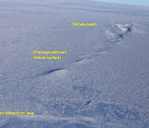 Surface features showing the proposed drainage pathway from Channel Lake on the Sørsdal Glacier.