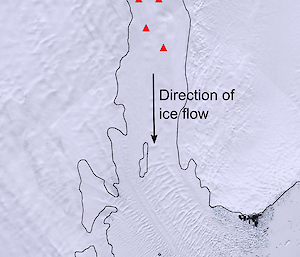 A map showing the location of radar and GPS instruments along two flow lines on the Totten Glacier.