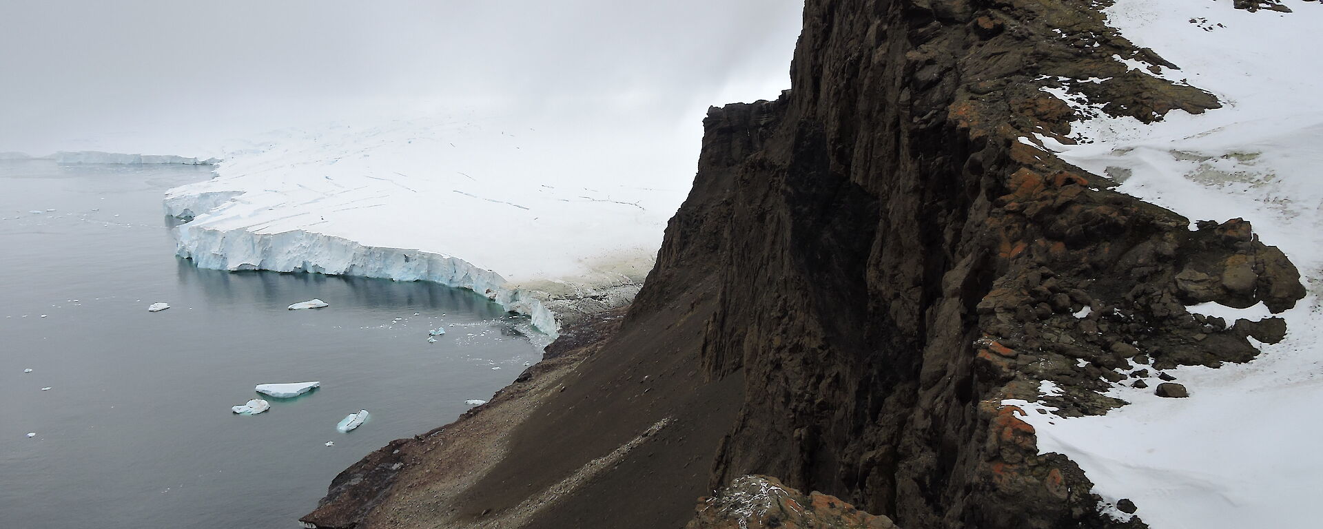 Orange coloured lichen grows above an ice-free cliff in Marie Byrd Land, West Antarctica.