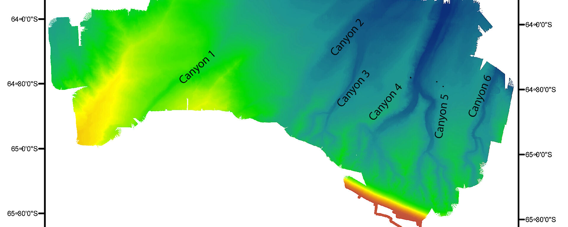 A bathymetric map showing the location and structure of sea floor canyons.