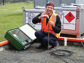 Jeremy Richardson undertaking some pre-deployment testing of the electrokinetic equipment at the Australian Antarctic Division in Kingston.