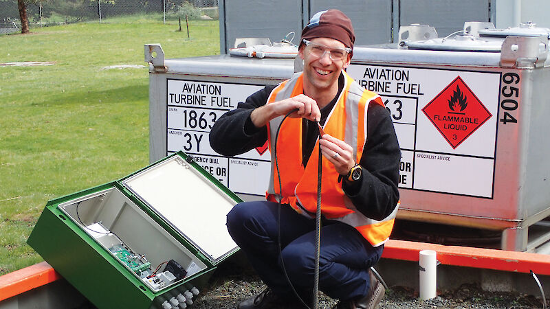 Jeremy Richardson undertaking some pre-deployment testing of the electrokinetic equipment at the Australian Antarctic Division in Kingston.