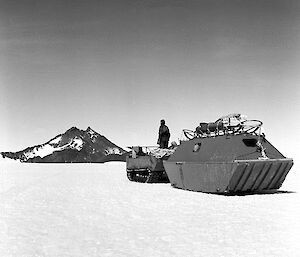 A barge caravan in the Framnes Mountains near Mawson, 1954.