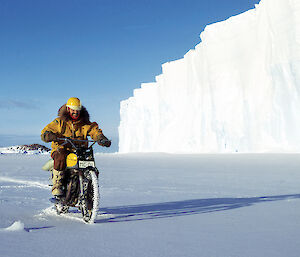Rider on the Matchless on the sea ice at Mawson.