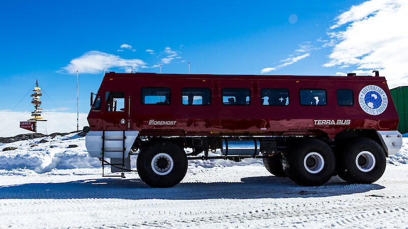The large red Antarctic bus at Casey station.