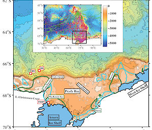 This map shows the greater Prydz Bay region visited by seals carrying small oceanographic instruments.