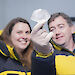 Associate Professor Nerilie Abram and Australian Antarctic Division ice core scientist Dr Mark Curran (who was a co-author on the Nature paper) examine a piece of Antarctic ice core.