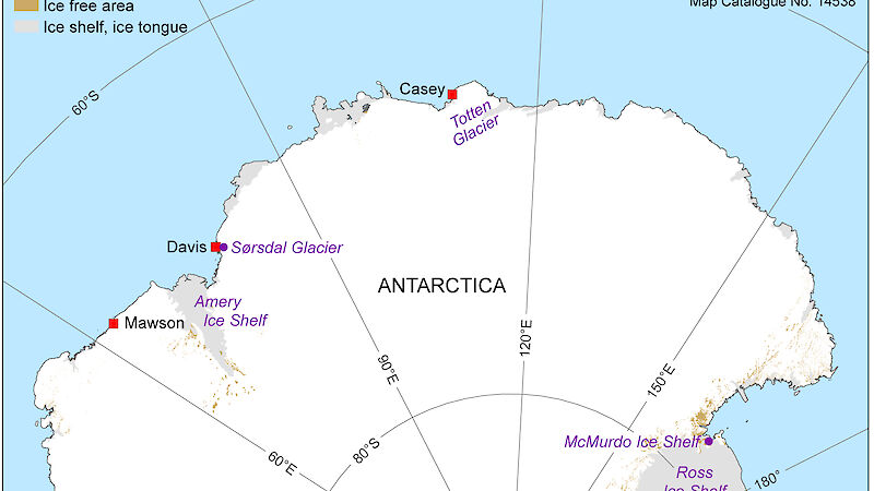 This map shows the location of the ice shelves and glaciers under investigation.