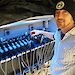 PhD student James Black with his minicosm experiment set up in the laboratory at the Australian Antarctic Division.