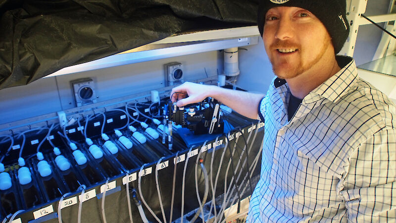 PhD student James Black with his minicosm experiment set up in the laboratory at the Australian Antarctic Division.