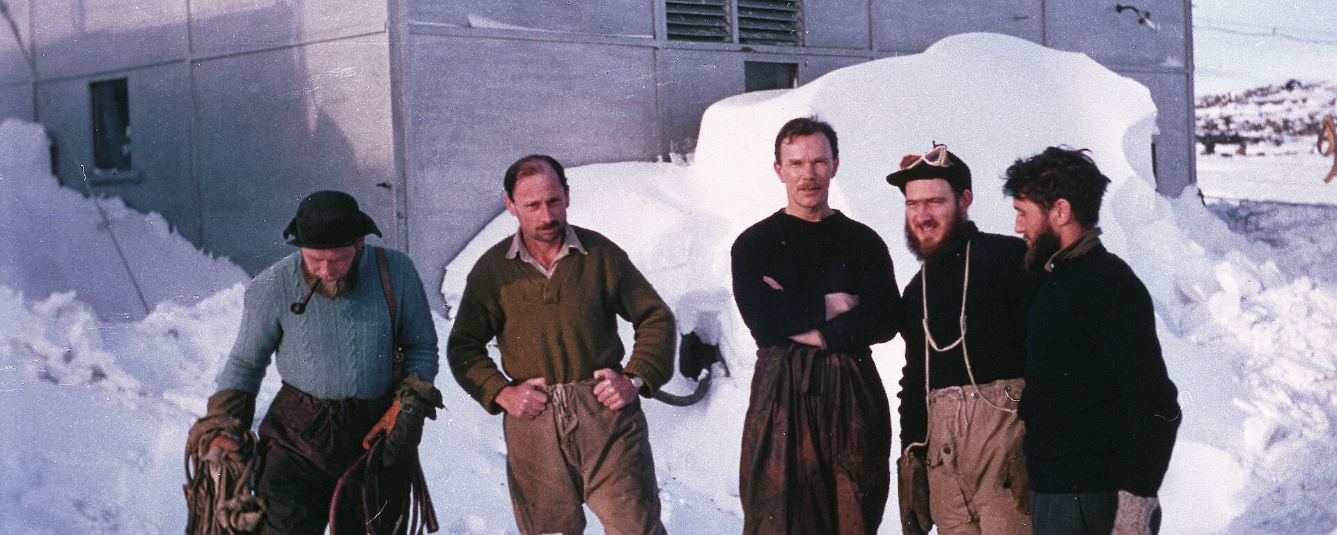 The 1957 Davis Station team (L-R): Nils Lied, Bruce Stinear, Bob Dingle, Alan Hawker and William Lucas.