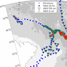 Figure 1: A map showing the location of detected blue whale calls by sonobuoys during the six week voyage
