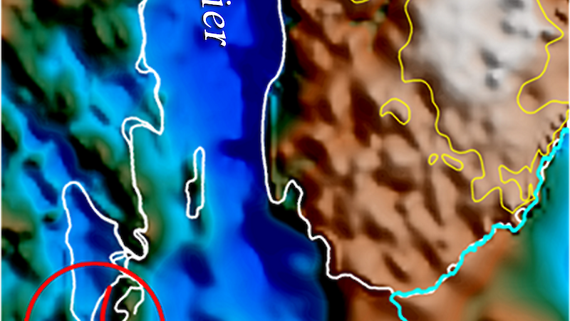 Graphic detailing the ocean floor and bedrock in the Totten Glacier ice shelf region