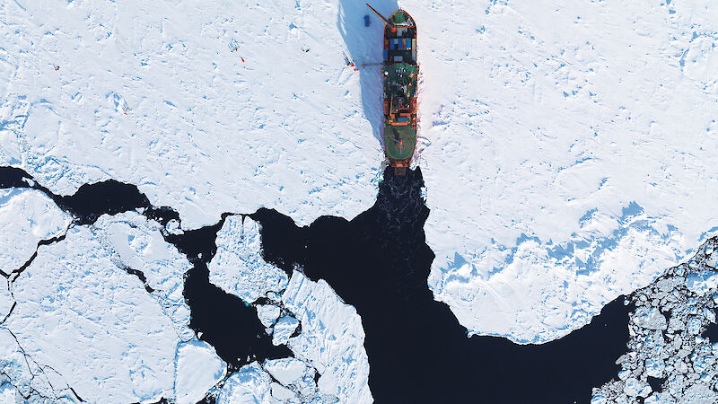 Aerial view of the Aurora Australis in sea ice