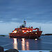 The Aurora Australis moored in Horseshoe Harbour, Mawson, at twilight