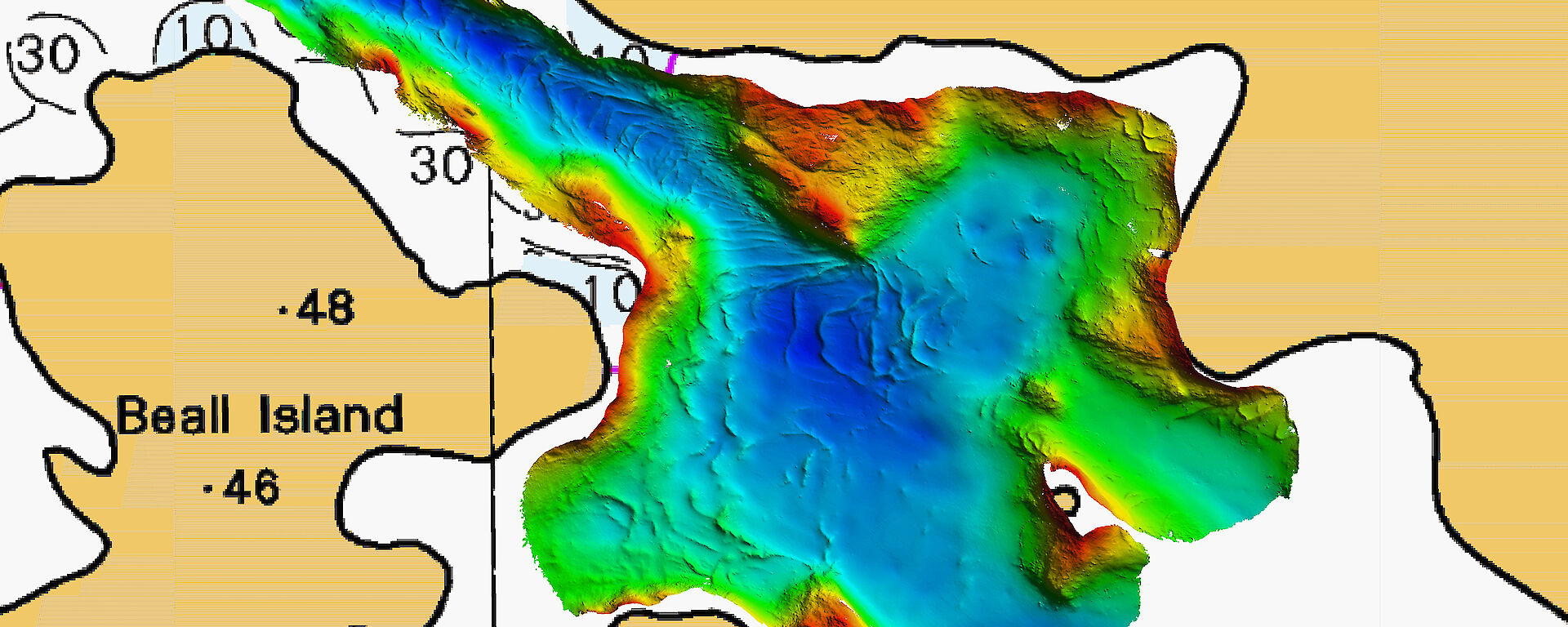 Crescent-shaped moraines can be clearly seen in the blue coloured echosounder data of O’Brien Bay.