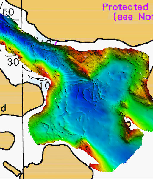 Crescent-shaped moraines can be clearly seen in the blue coloured echosounder data of O’Brien Bay.