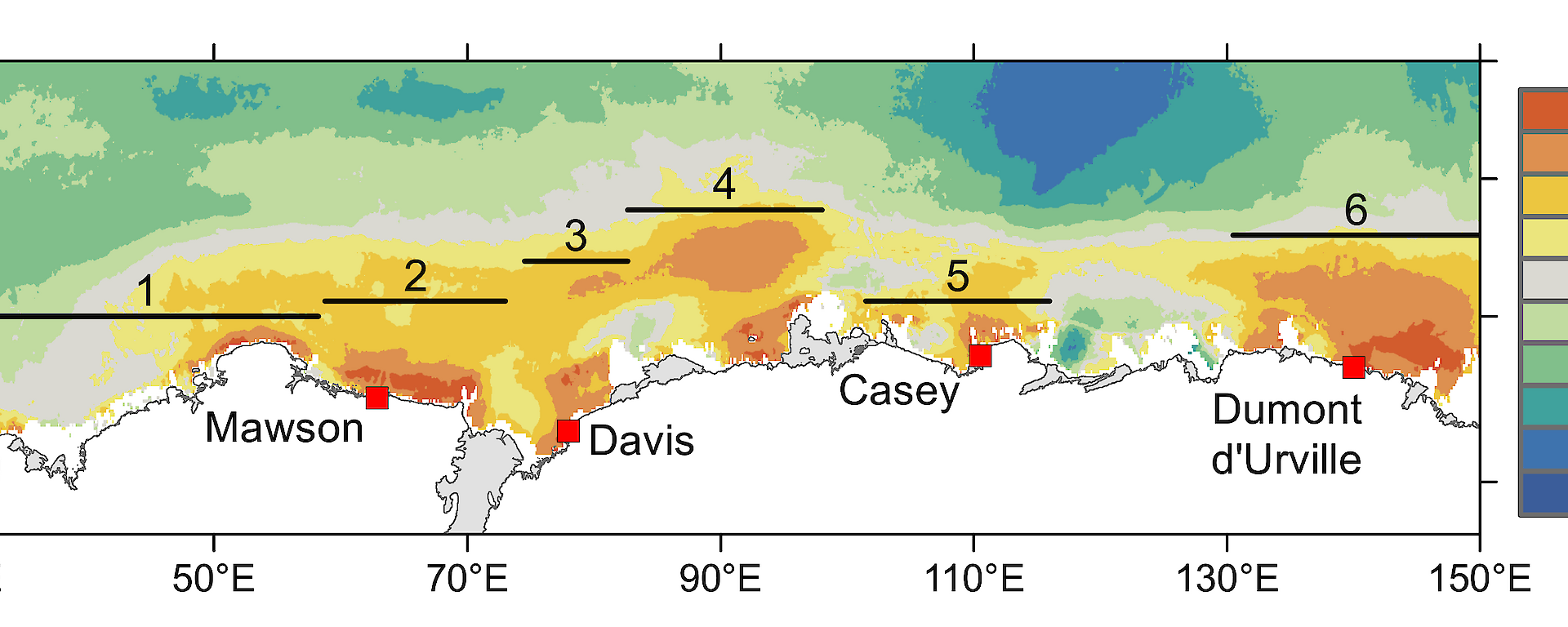 Map showing the six areas of marine habitat used by multiple species, with the areas of greatest overlap highlighted in orange.