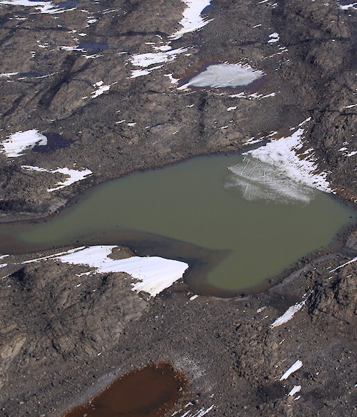 Aerial view of Organic Lake in Antarctica